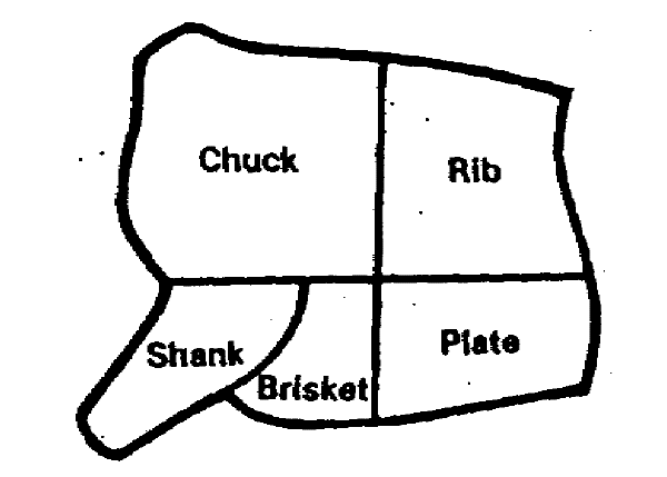 Beef Front Quarter Primal Cuts Are:  Chuck, Rib, Shank, Brisket and Plate.